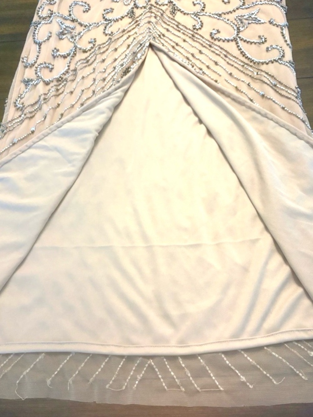 Pisarro Nights Blush Nude Silver Beaded Longline Gown NWT 10 - Picture 6 of 15